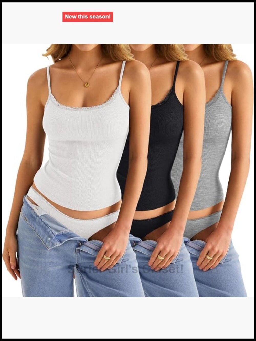 Ribbed Lace Trim Square Neck Cami Tanks 3 Pack